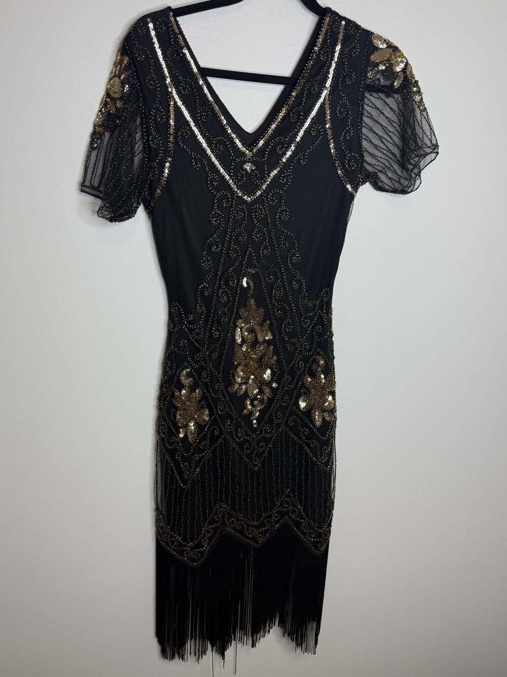 Black and Gold Beaded V-Neck Fringe Cocktail Dress 20a flapper size small